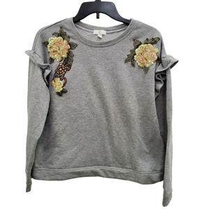 Charming Charlie Women's‎ Gray Floral Sequin Applique Ruffle Sweater Size L